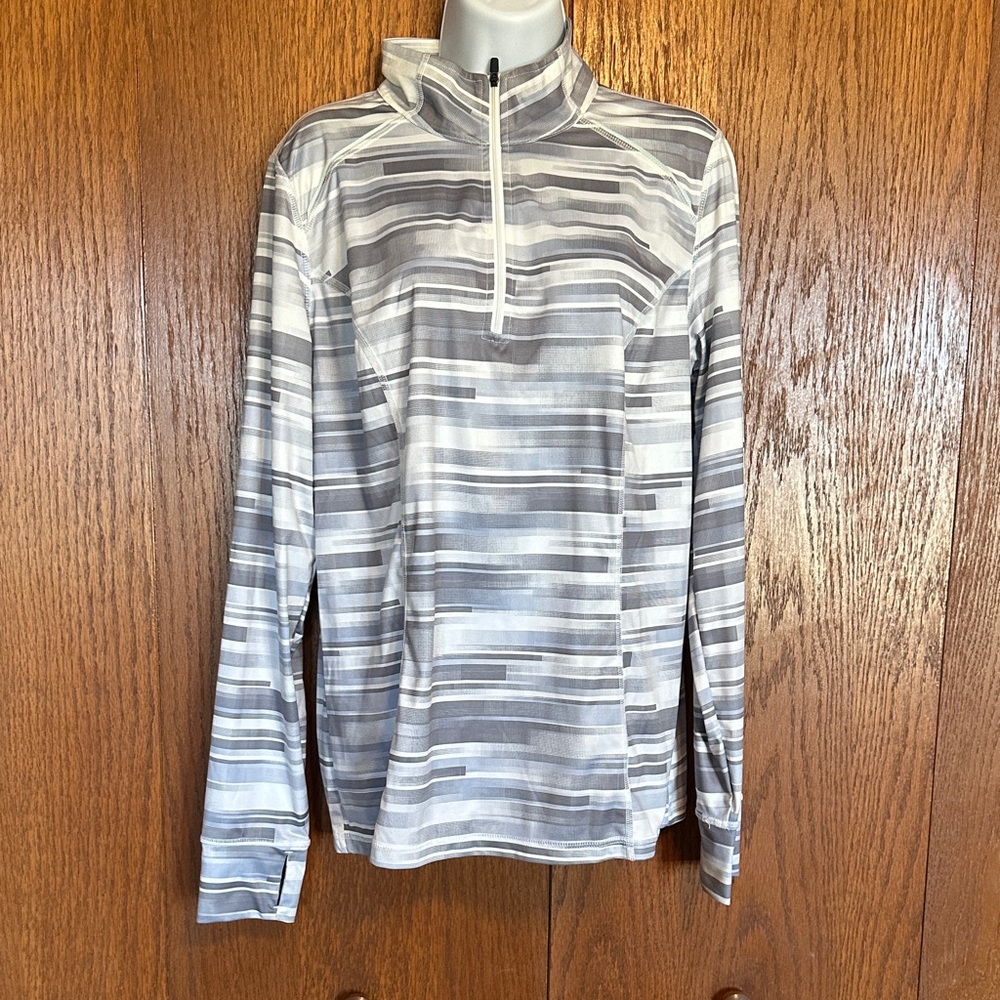 Xersion Gray and White Striped Quarter-Zip Performance Top